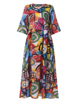 LinkMejor Women Retro Graffiti Print Round Neck Pleated Casual Beach Maxi Dresses