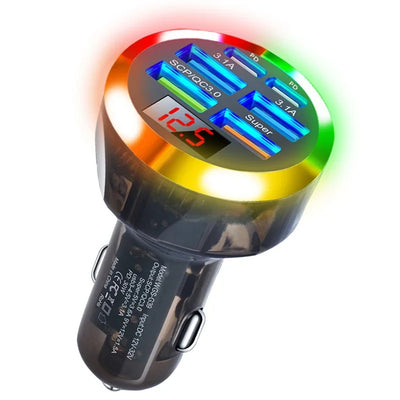 200W 6-Port USB PD Car Charger Adapter 4USB-A+2USB-C Support PD QC3.0 SCP FCP BC1.2 Fast Charging with LED Digital Display for iPhone 16 16Pro 15 14 13 Pro Max for Samsung Galaxy Z Flip6 for Xiaomi 15pro for Huawei Mate XT