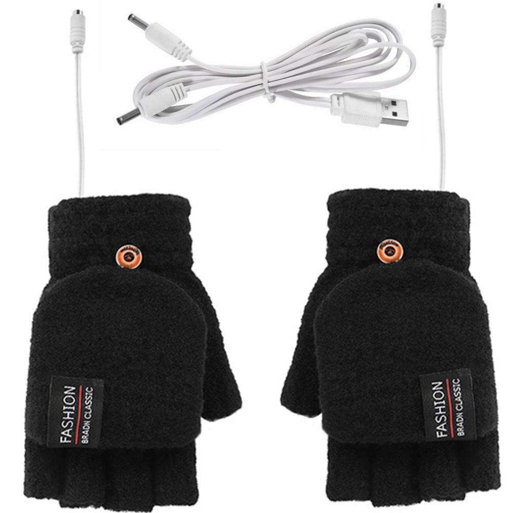 LinkMejor 1Pair Winter Half-finger USB Electric Heated Gloves Double-sided Heating Flip-top Gloves for Winter Outdoor Skiing