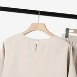 LinkMejor Women Casual Solid Top Pant Sets Spring Summer Puff Sleeve Top Wide Leg Trouser 2pcs Outfits Daily 2 Pieces Womens Suits 5XL Autumn