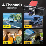 2Inch IPS Screen Dash Camera 4 Channel 1080P HD Driving Recorder Loop Recording G-Sensor Wide Angle Coverage