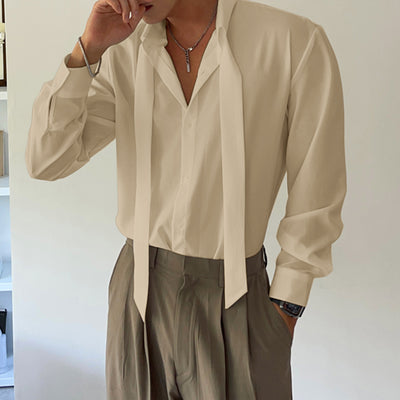 LinkMejor Mens Deconstructed Tie-Detail Long Sleeve Shirt Fashion Solid Color Button Lapel Top Shirts for Male