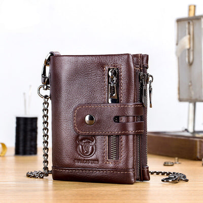 LinkMejor Genuine Leather Men's Wallet, Large Capacity RFID Blocking Wallet, Casual Retro Multifunctional Card Slots Purse, Card Bag with Anti-lost Chain,Wallet Gifts for Men with Gift Box