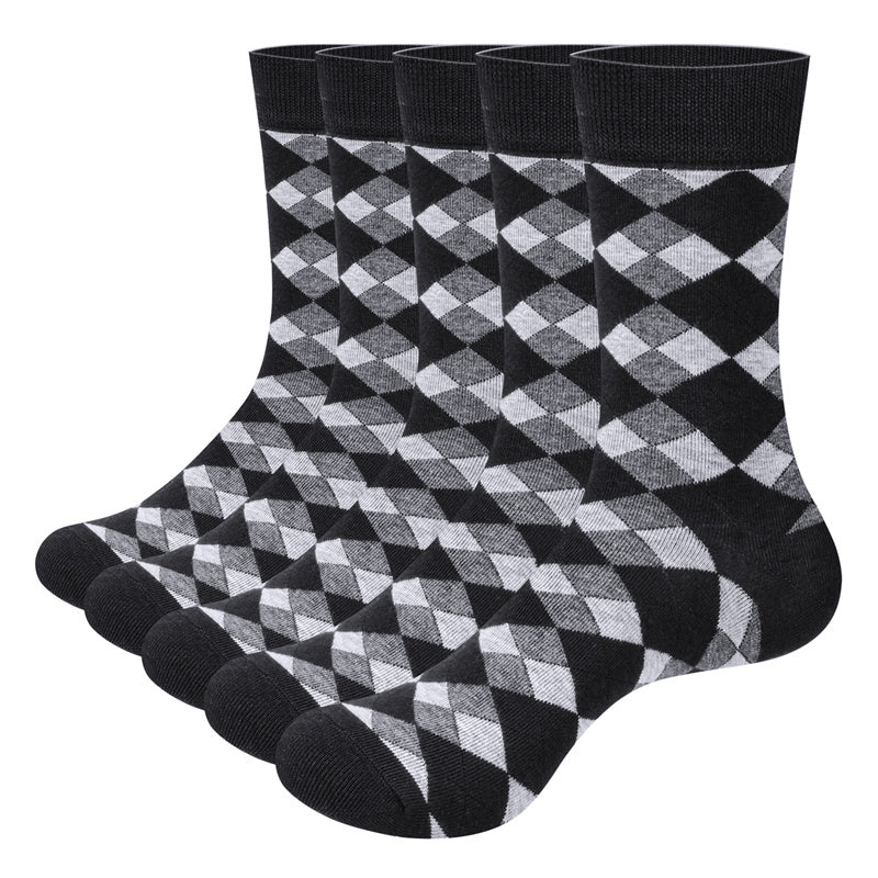 LinkMejor 5 Pairs Of Men's Trendy Checkered Pattern Mid Calf Crew Socks, Breathable Cotton Blend Comfy Casual Sports Socks For Outdoor Fitness Basketball Running
