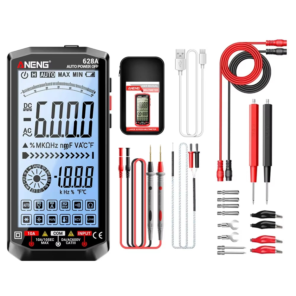LinkMejor 628A Multimeter Tester 6000 Count True RMS Digital Rechargeable AC DC Voltage Current Capacitance Resistance NCV Auto-ranging High Definition Screen Adjustable