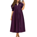LinkMejor Women Vintage Fashion Solid Casual V-Neck Short Sleeve Dress Loose Fit with Side Pockets