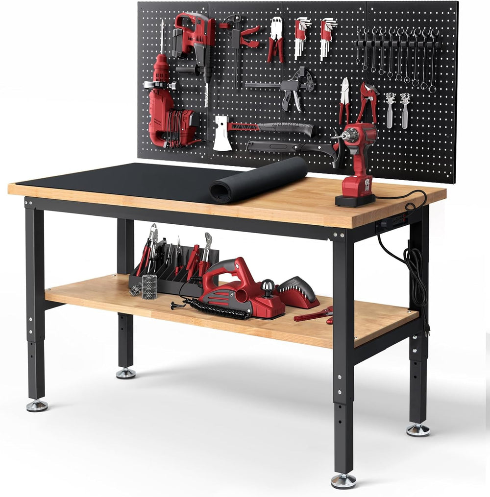 LinkMejor WB0102-Plus 60 Inch Workbench with Pegboard & Rubber Pad / Adjustable Height / 2000 LBS Load Capacity / Power Outlet for Woodworking Garage Workshop Office Shop