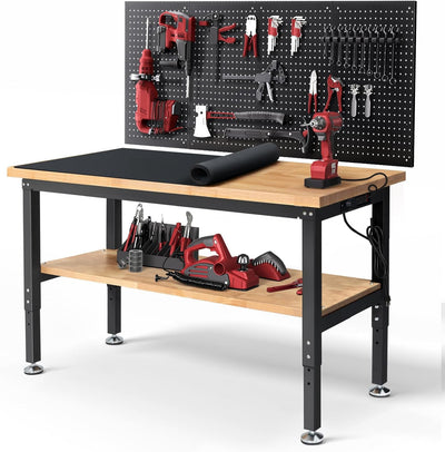 LinkMejor WB0102-Plus 60 Inch Workbench with Pegboard & Rubber Pad / Adjustable Height / 2000 LBS Load Capacity / Power Outlet for Woodworking Garage Workshop Office Shop