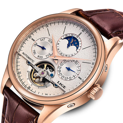LinkMejor Men Watches Automatic Mechanical Watch Genuine Leather Waterproof Multifunctional Luxury Man Watch