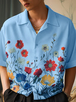 LinkMejor Men Shirts Fashion Flower Print Shirt Mens Summer Streetwear Lapel Short Sleeve Top Daily Casual Shirts S-5XL