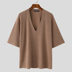 LinkMejor Mens Knitted V-Neck Half Sleeve T-Shirt Casual Solod Color Short Sleeve Men Top