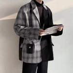 LinkMejor Mens Plaid Patchwork Long Sleeve Blazer Two-tone Stylish Casual Suit Outwear for Spring Fall
