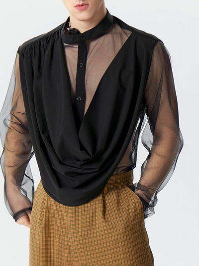 LinkMejor Mens Shirt Fashion Swing Neck Patchwork Mesh Fabric Long Sleeve Shirts See Through Nightcklub Mens Clothing